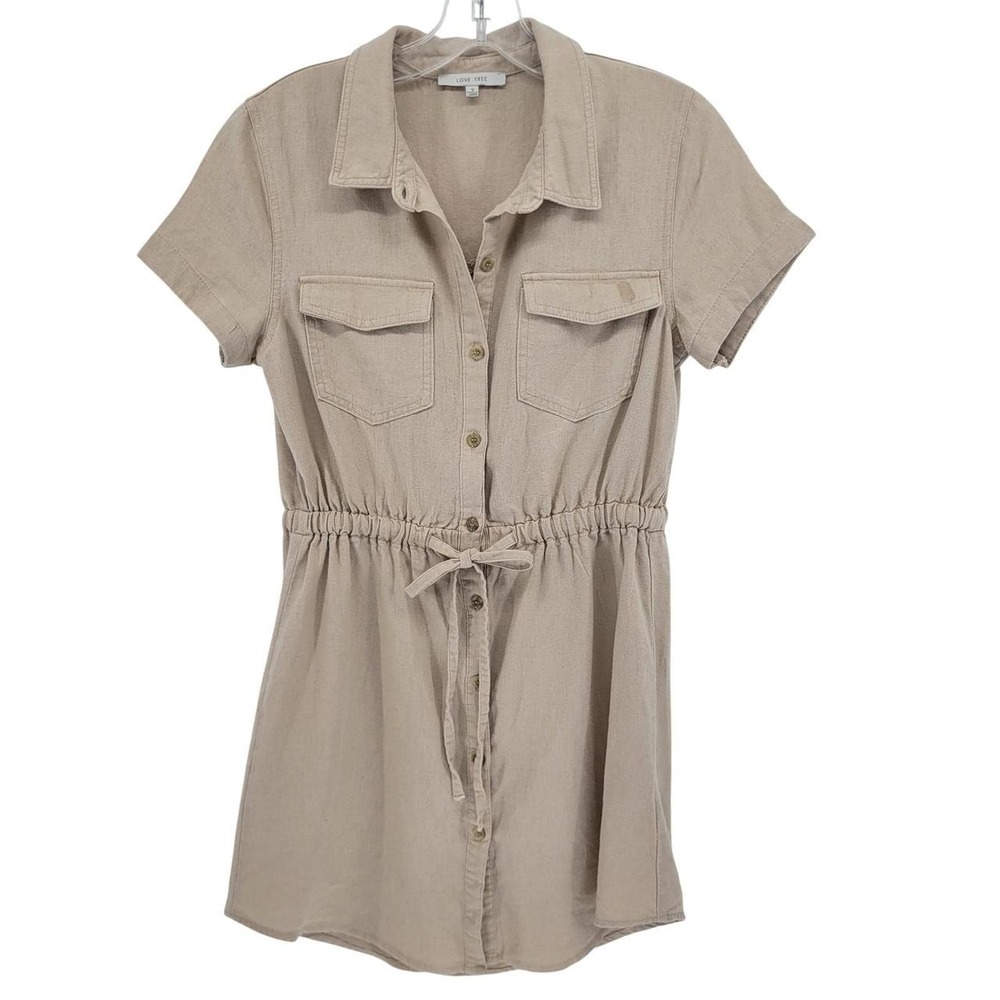 Love Tree Womens Linen Blend Utility Shirt Dress Tan Short Sleeve Small 4853DN